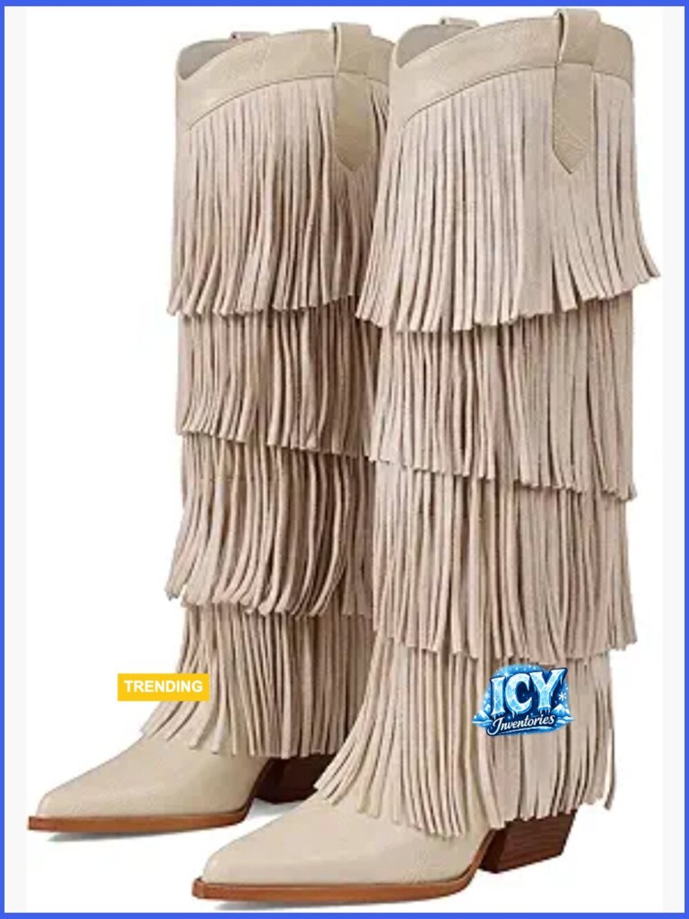 Chunky Heel Fringe Knee High Cowboy Boots PU Pointed Toe Slip On